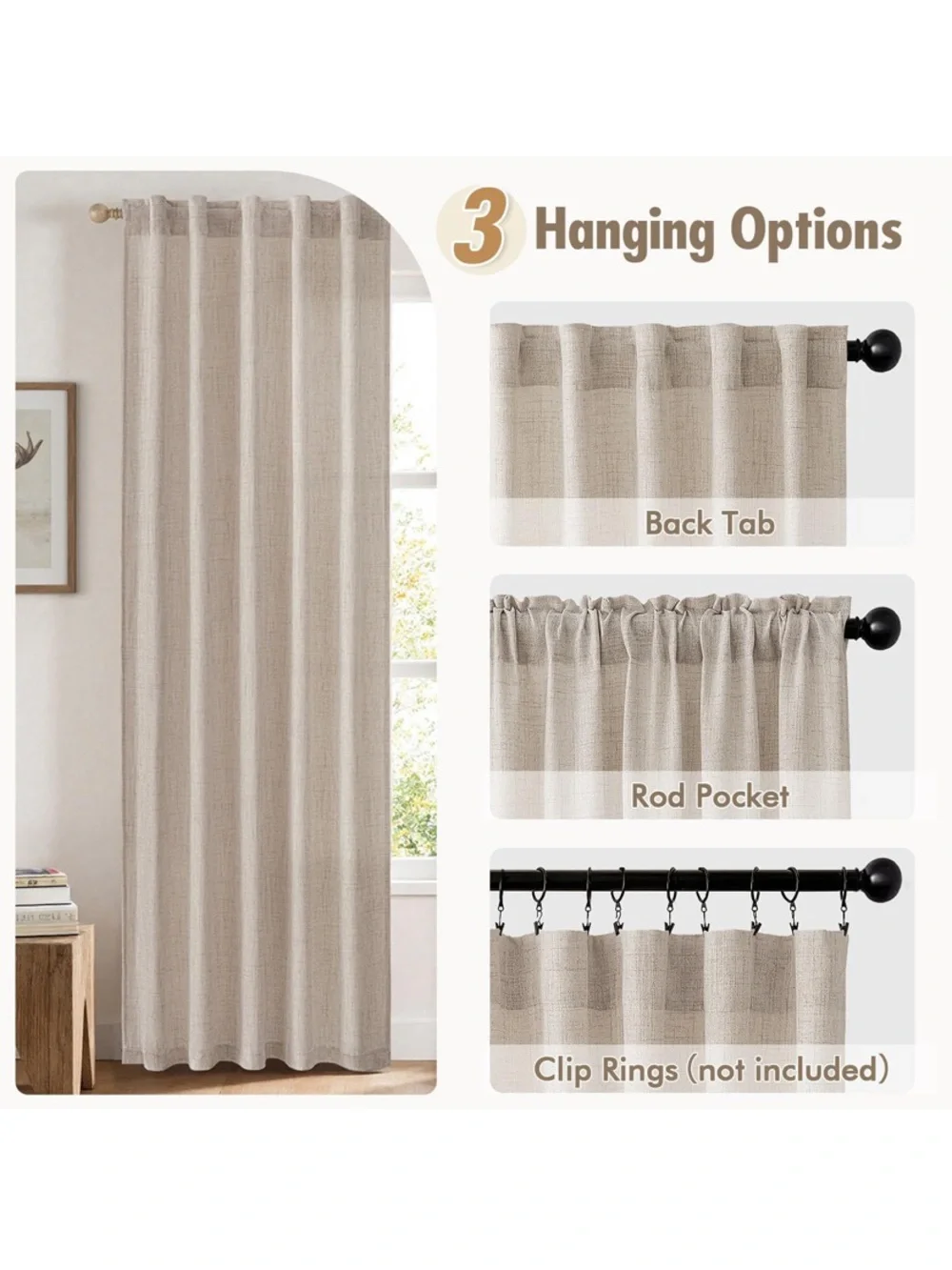 Faux Linen Curtains 42W 41L 2 Panels Semi Sheer Curtain with Back Tab Rod Pocket